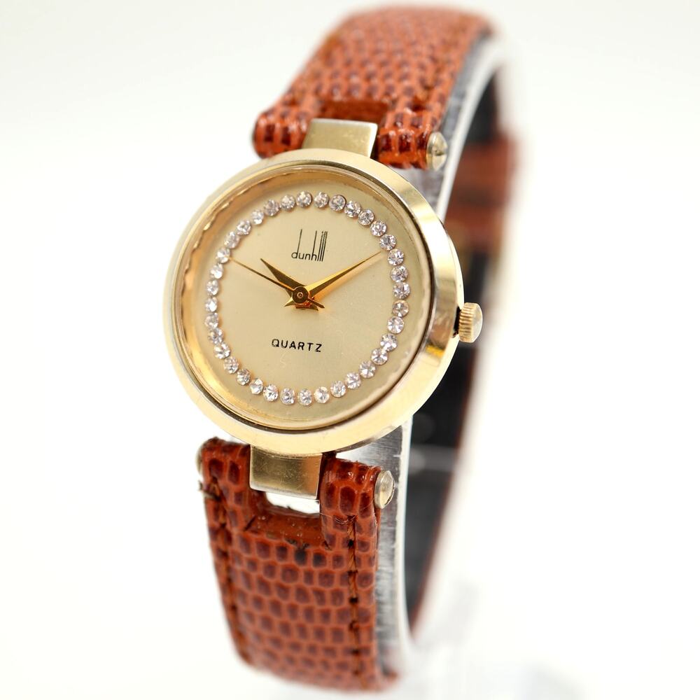 Vintage Dunhill Gold Tone Swiss 24mm Womens Watch Brown Leather w New Battery